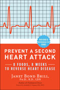 Book cover titled "prevent a second heart attack: 8 foods, 8 weeks to reverse heart disease" by janet bond brill, ph.d., r.d., ldn, featuring a heart rhythm graph in the background.