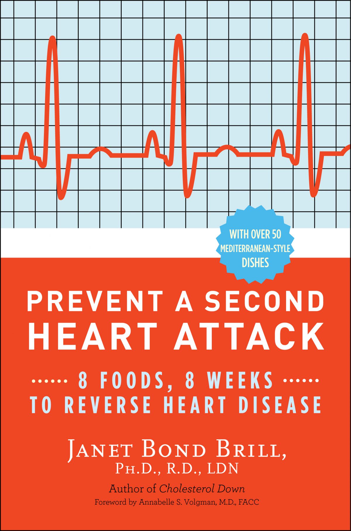 A book cover titled "prevent a second heart attack: 8 foods, 8 weeks to reverse heart disease" by janet bond brill, ph.d., r.d., ldn, featuring a heart rhythm graphic and information about mediterranean-style dishes.