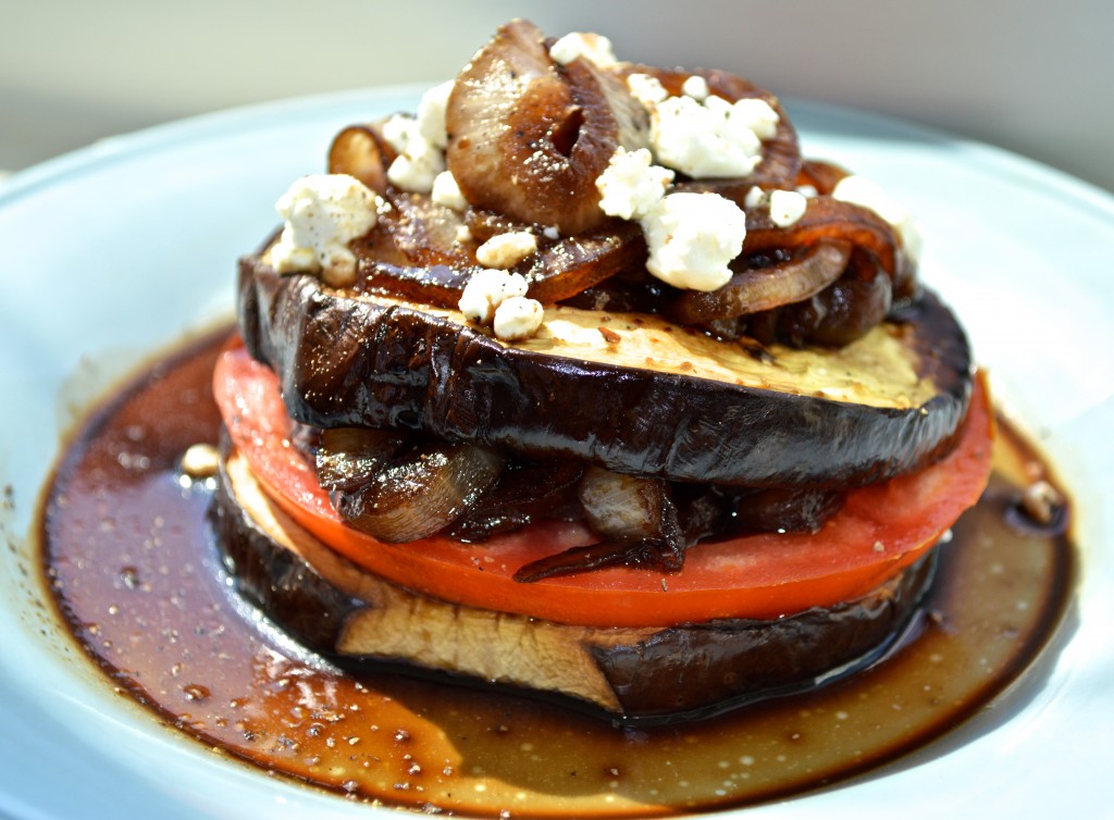 Low cholesterol recipe of roasted eggplant with balsamic caramelized onions