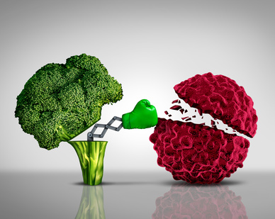 Broccoli fighting cancer cell illustration.