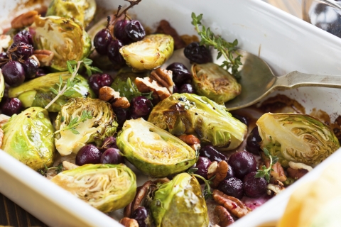 Roasted Brussels sprouts with berries and nuts.